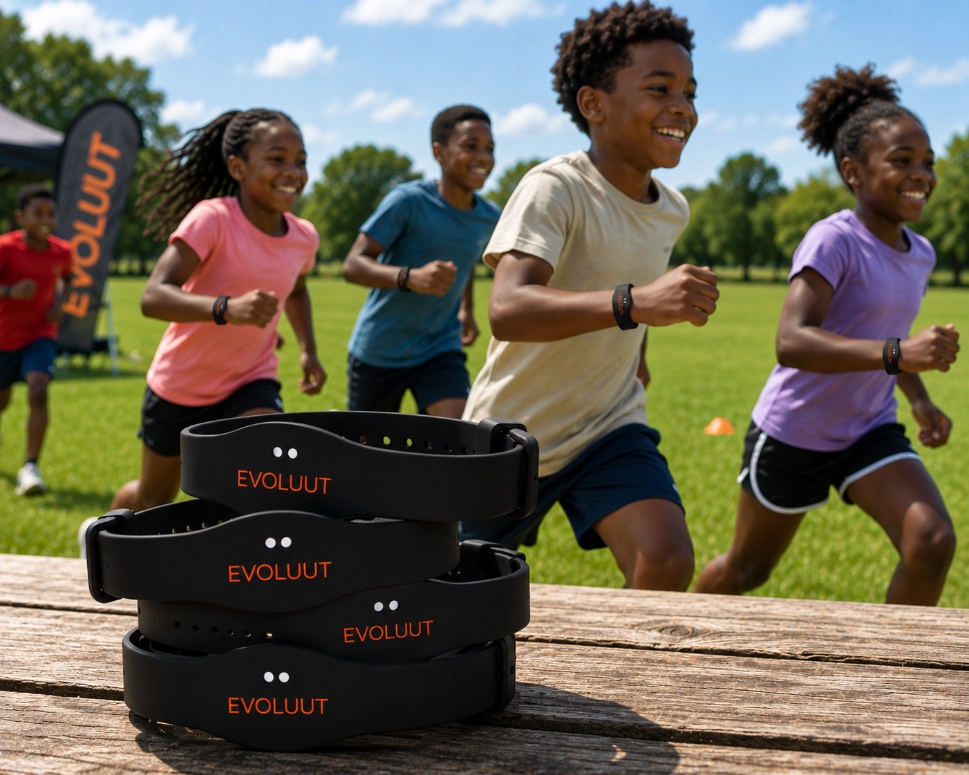Children running at an outdoor summer camp wearing black Evoluut NFC wristbands, with a stack of Evoluut-branded wristbands on a table and an Evoluut banner behind them.