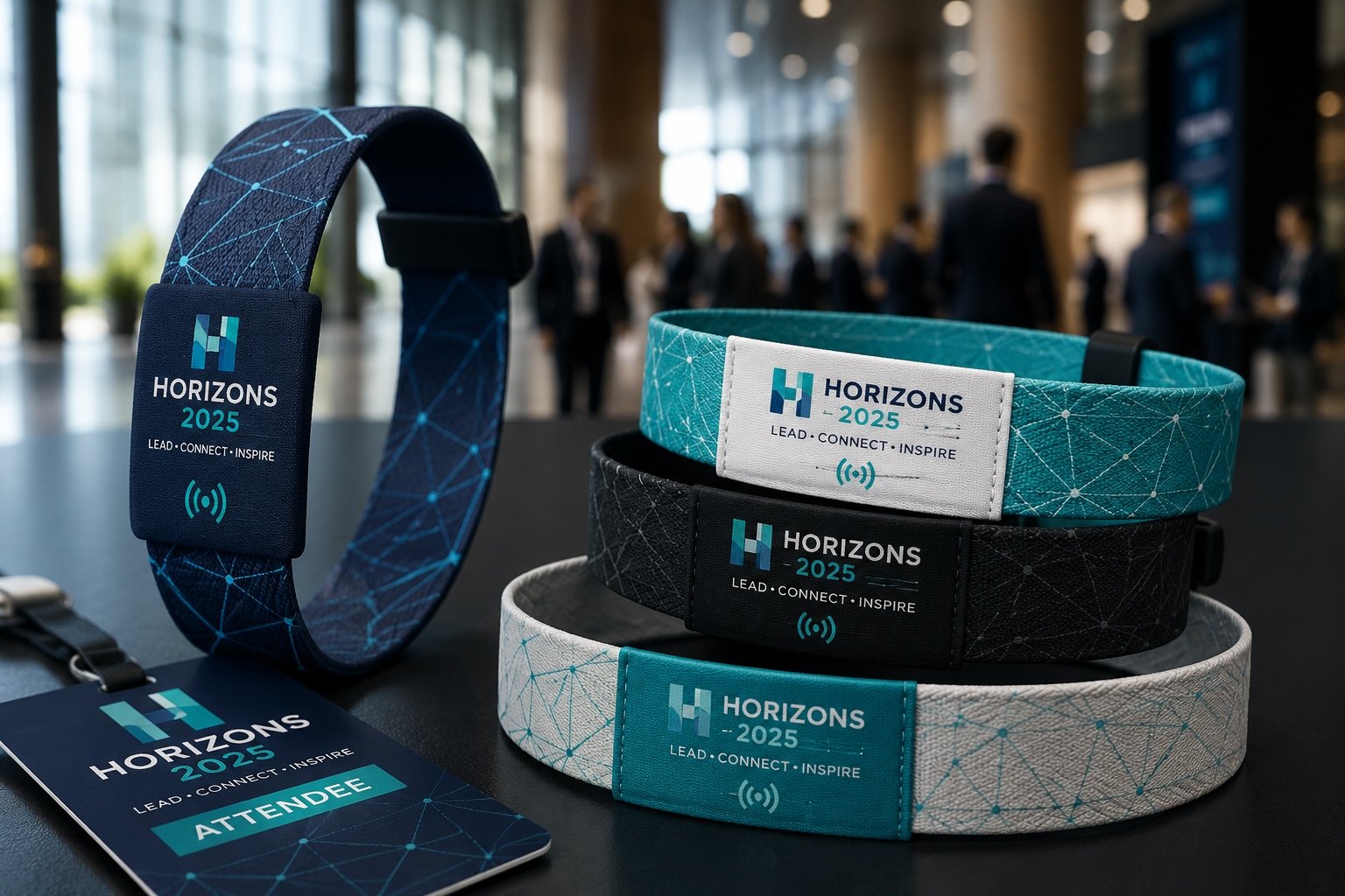 AttendPass NFC/RFID conference wristbands in several colours and an attendee badge on a check-in table at a corporate event.